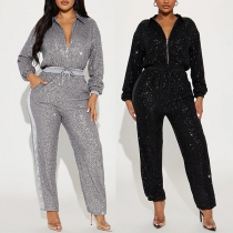 Fashion Bling-bling Sequined Half-zipper Stand Collar Long Sleeve Jumpsuit