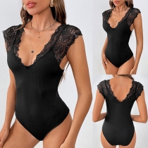 Fashion Lace Spliced V-neck Sleeveless Bodysuit