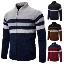 Vintage Contrast Color Stripe MockNeck Long Sleeve Front Zipper Plush Lined Knitted Cardigan for Men