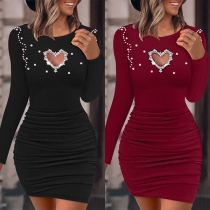Sexy Beaded Front Heart Cutout Round Neck Long Sleeve Ribbed Dress