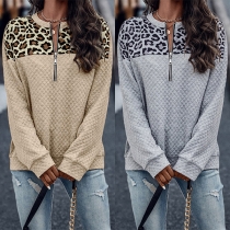 Fashion Leopard Printed Half-zipper Round Neck Long Sleeve Sweatshirt