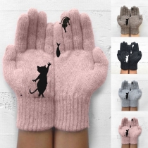 Cute Cat and Fish Printed Knitted Gloves