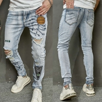 Street Fashion Old-washed Embroidered Ripped Denim Jeans for Men