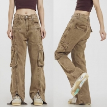 Street Fashion Side Patch Pockets Slit Wide-leg Cargo Pants for Women