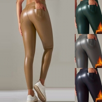 Fashion Bright Color Warm Plush Lined High-rise Artificial Leather PU Skinny Pants