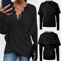 Fashion Lace Spliced V-neck Long Sleeve Irregular Hemline Cape Style Shirt