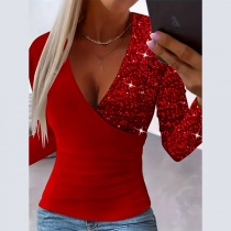 Sexy Sequined Spliced V-neck Long Sleeve Slim-fit Shirt