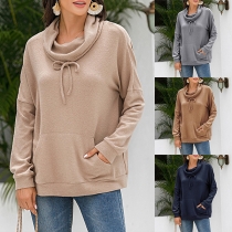 Elegant Drawstring Draped Round Neck Long Sleeve Front Kangaroo Pockets Shirt