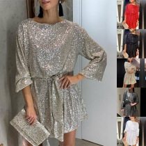 Fashion Sequined Round Neck Long Sleeve Self-tie Mini Dress