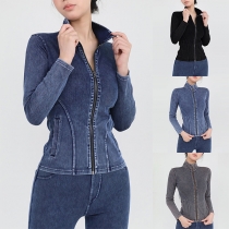 Fashion Stand Collar Long Sleeve Front Zipper Denim Jacket for Workout