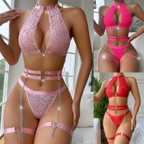 Sexy Heart Shape Ring Chain Lace Three-piece Lingerie Set