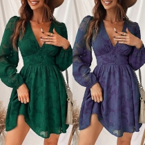 Fashion Floral Jacquard V-neck Long Sleeve Cinch Waist Mini Dress