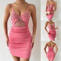 Sexy Floral Embroidered V-neck Side Lace-up Ruched Bodycon Dress