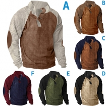 Street Fashion Contrast Color Button Stand Collar Long Sleeve Corduroy Shirt for Men
