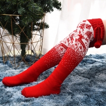 Fashion Elk Printed Pom-pom Tassel Knitted Over-the-knee Socks for Christmas
