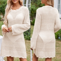 Fashion Hollow Out Round Neck Long Sleeve Swimsuit Cover-up Dress