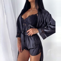 Sexy Black Three-piece Pajamas Set Consist of Cami Top, Shorts and Robe