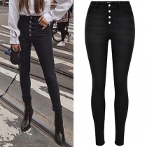 Street Fashion Buttons High-rise Black Denim Skinny Jeans