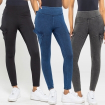 Fashion High-rise Butt-lifting Side Patch Pockets Denim Leggings for Workout