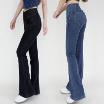 Street Fashion High-rise Butt-lifting Wide-leg Elastic Denim Sport Pants for Workout