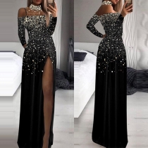 Fashion Bling-bling Mock Neck Open-shoulder Long Sleeve Slit Maxi Dress
