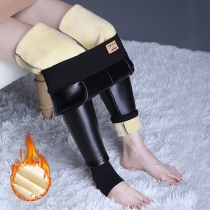 Fashion Warm Plush Lined Artificial Leather PU High-rise Leggings