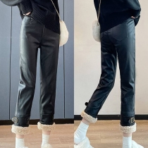 Fashion Plush Lined High-rise Artificial Leather PU Straight Cut Pants
