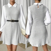 Fashion Stand Collar Long Sleeve Ribbed Mock Two-piece Dress
