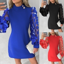 Fashion Gauze Spliced Long Sleeve Mock Neck Mini Dress