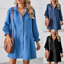 Fashion Old-washed Stand Collar Long Sleeve Buttoned Loose Denim Dress