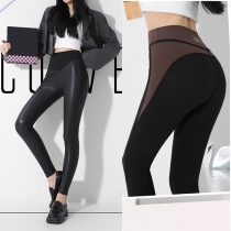 Sexy Contrast Color Artificial Leather PU Warm Plush Lined High-rise Butt-lifting Skinny Leggings