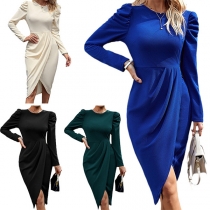 Fashion Solid Color Puff Long Sleeve Irregular Hemline Slit Dress