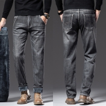 Fashion Old-washed Denim Jeans for Men with Warm Plush Lined