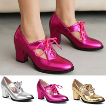 Fashion Front Lace-up Hollowout Bright Color Block Heeled Shoes
