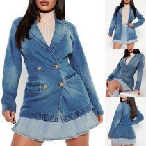 Fashion Old-washed Lapel Double Breasted Denim Jacket for Women