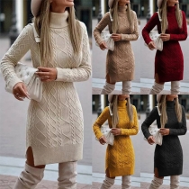 Sexy Long Sleeve Turtleneck Solid Color Slim Fit Sweater Dress