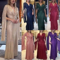 Fashion Bling-bling Sequined Ruched V-neck Slit Long Sleeve Party Dress