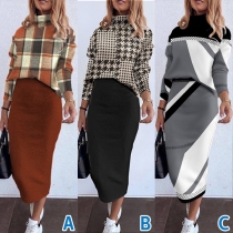 Fashion Printed Two-piece Set Consist of Mock Neck Shirt and Pencil Skirt