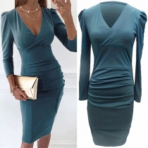 Fashion Solid Color V-neck Long Sleeve Ruched Bodycon Dress