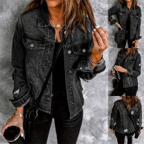 Street Fashion Stand Collar Long Sleeve Distressed Old-washed Denim Jacket for Women