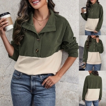 Fashion Contrast Color Button Stand Collar Long Sleeve Shirt