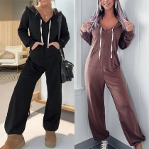 Casual Kangaroo Pocket Drawstring Hooded Jumpsuit