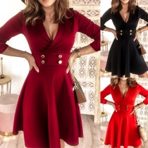 Fashion Solid Color Double-breasted V-neck Long Sleeve Mini Dress