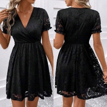 Fashion Jacquard V-neck Short Sleeve Mini Dress