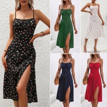 Fashion Floral Printed Square-neck Slit Slip Dress