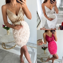 Sexy Bling-bling Sequined V-neck Plush Tassle Spliced Bodycon Slip Dress