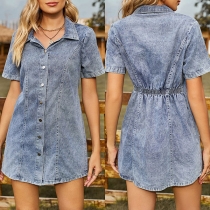 Vintage Stand Collar Short Sleeve Cinch Waist Front Button Old-wash Mini Denim Dress