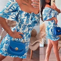 Bohemian Style Floral Printed Smocked Off-the-shoulder Short Sleeve Mini Dress