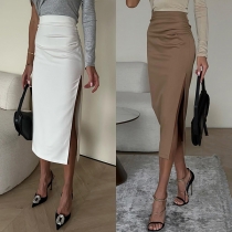 Simple Solid Color High-rise Slit Pencil Skirt
