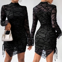 Sexy Irregular Printed Mock Neck Long Sleeve Side Drawstring Gauze Dress